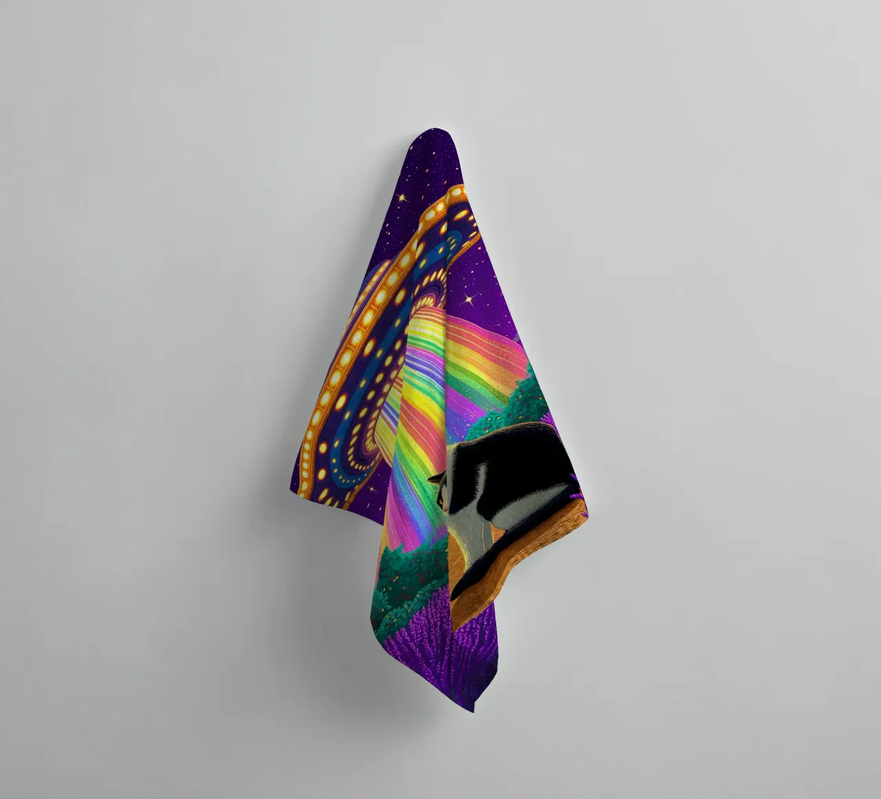 Cat and UFO towel by Fleur de Lys