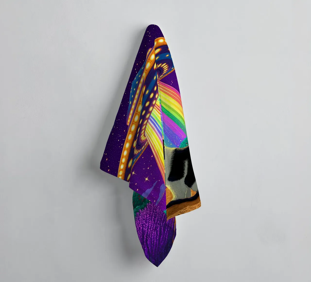 Cat and UFO towel by Fleur de Lys