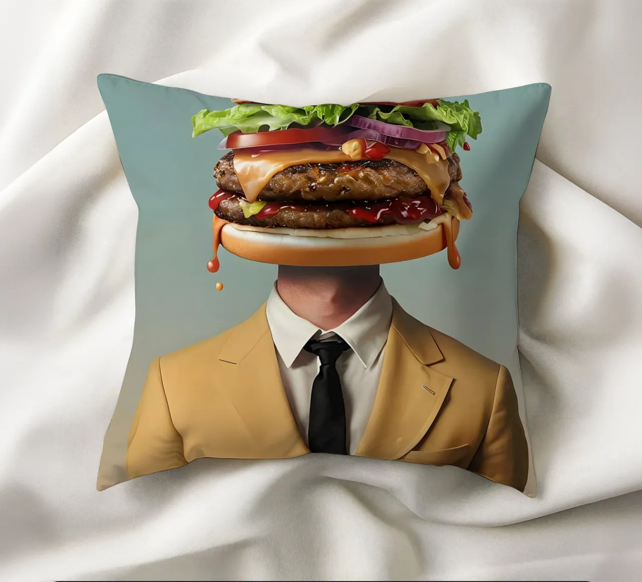 Uomo con testa di hamburger e vestito cuscino da 🥝 KIWI STORE
