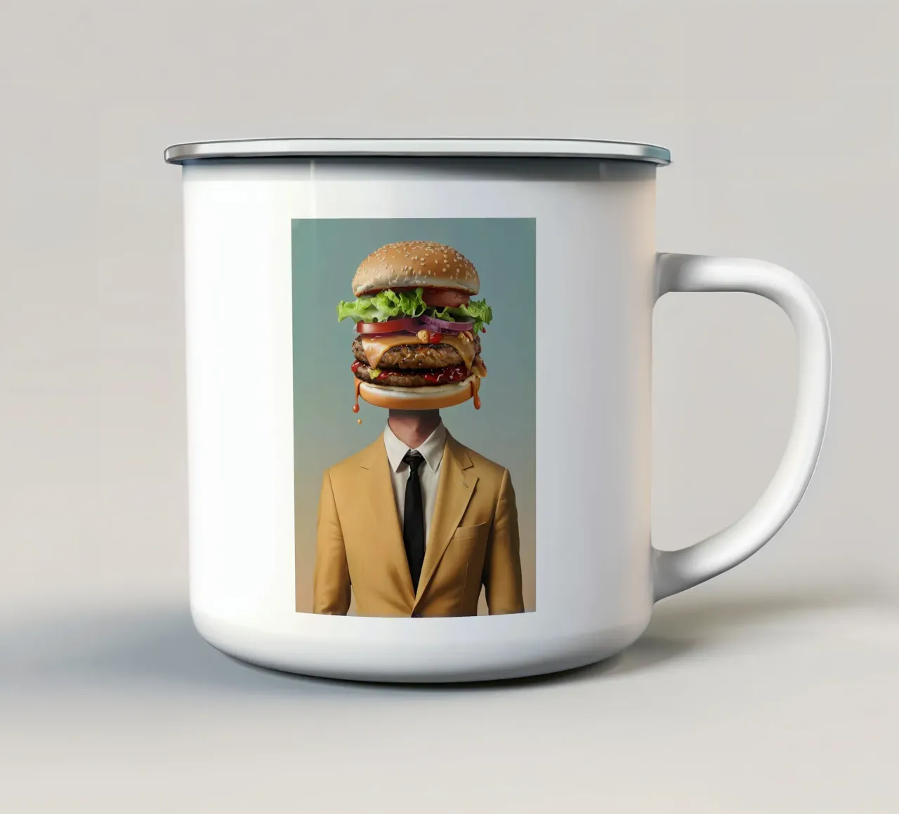 Uomo con testa di hamburger e vestito tazza in smalto da 🥝 KIWI STORE
