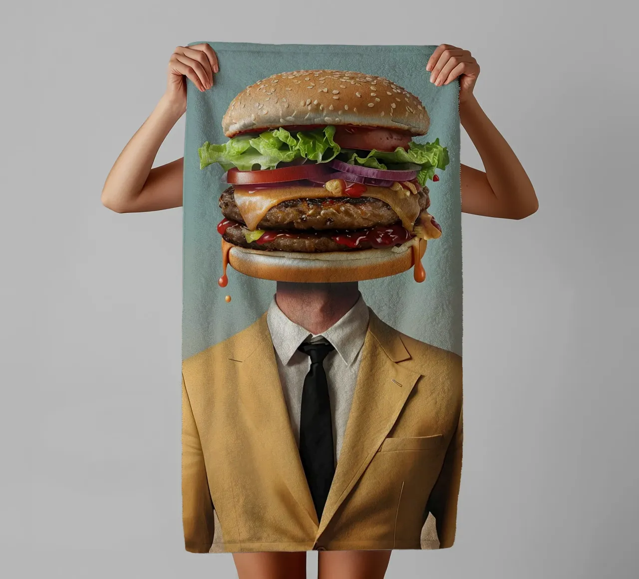 Uomo con testa di hamburger e vestito asciugamano da bagno da 🥝 KIWI STORE