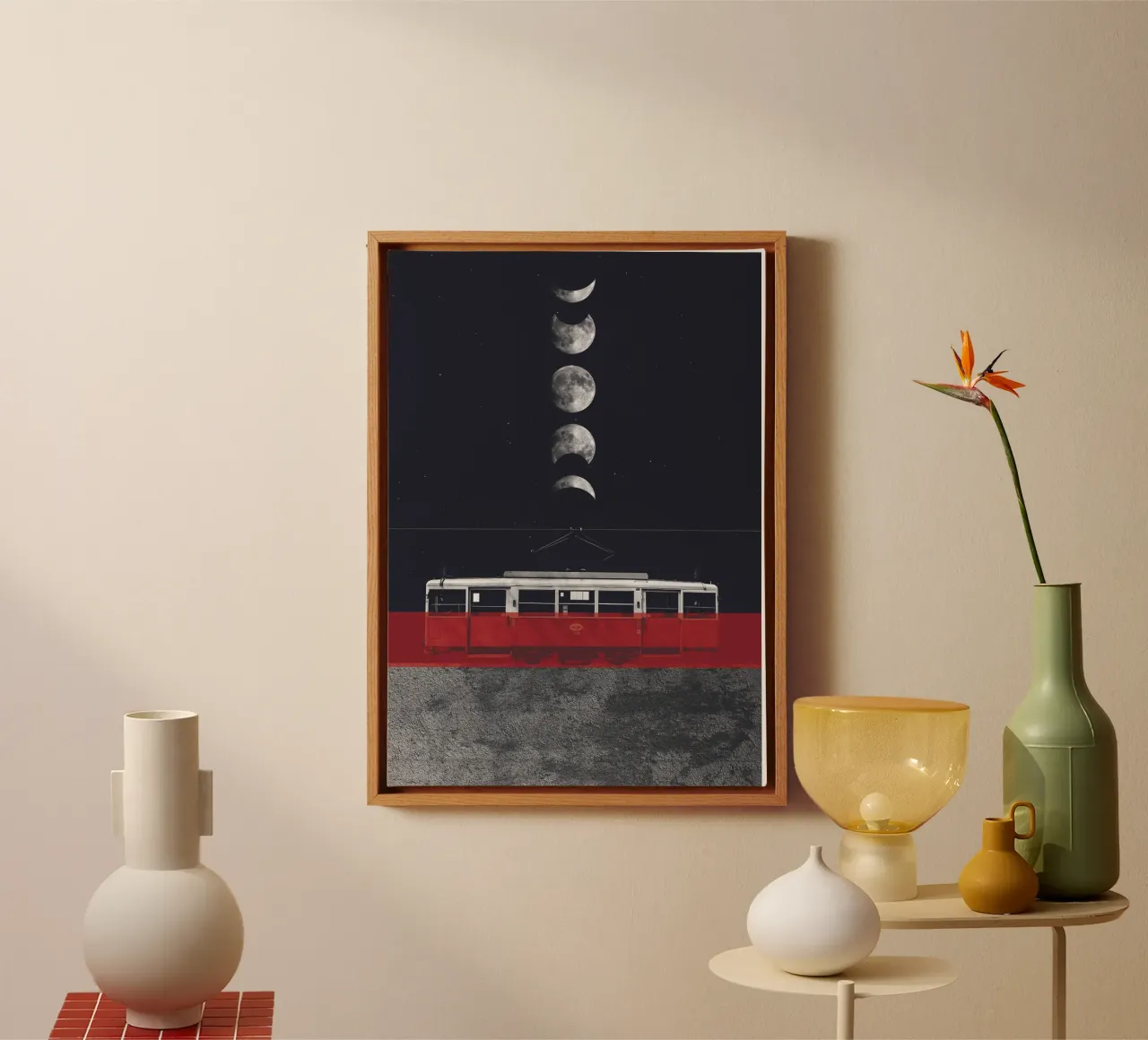 Moon Phases and the Red Tram canvas with Floater frame by Dapidoka