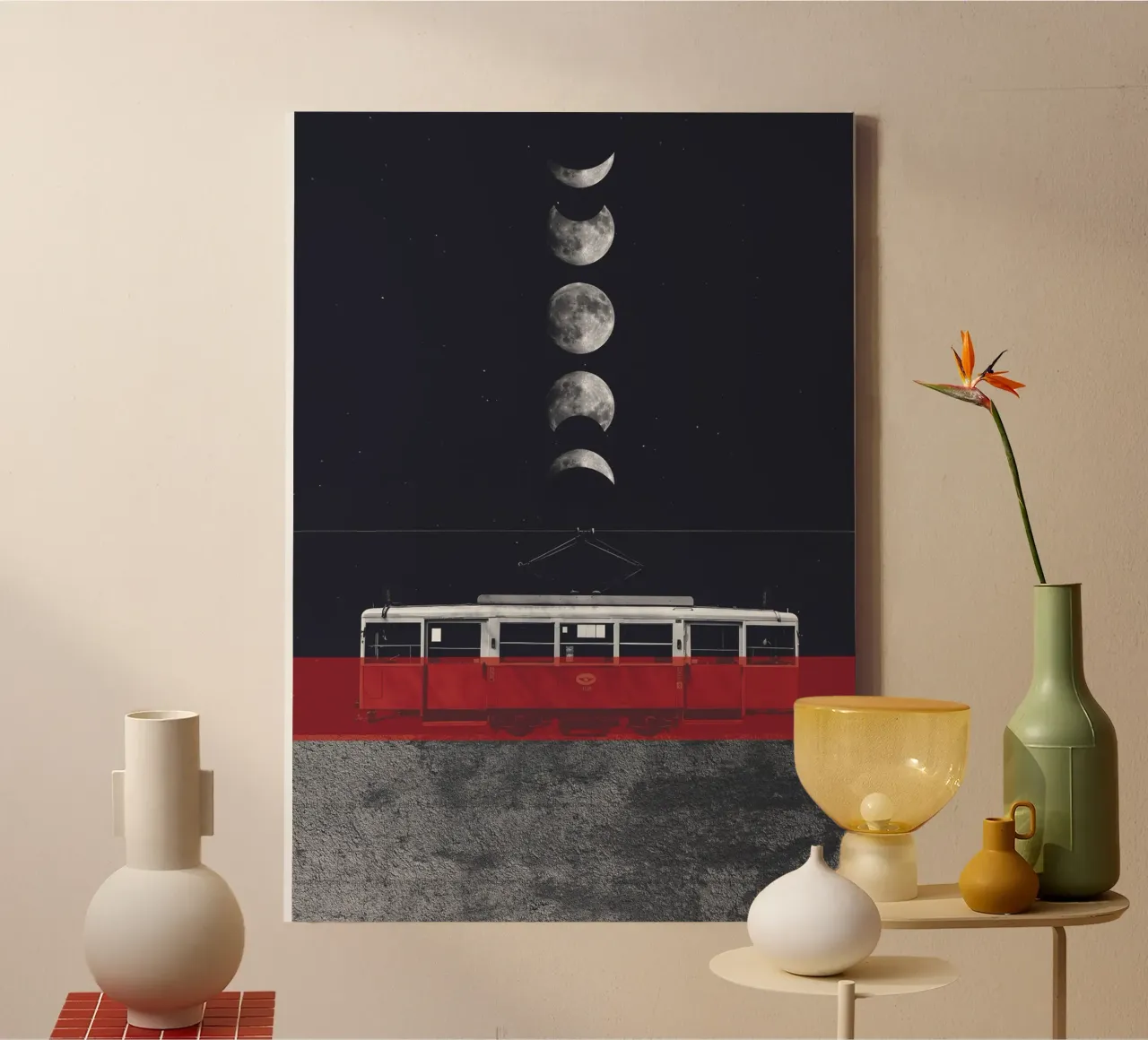 Moon Phases and the Red Tram canvas with Floater frame by Dapidoka