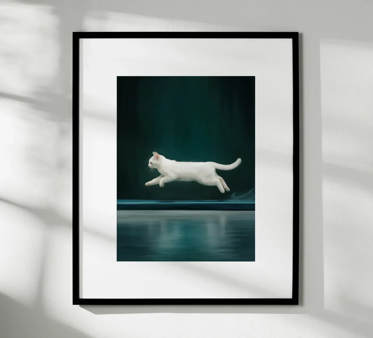 Gatto bianco in silenzio blu poster con telaio in plastica da Plain Thoughts