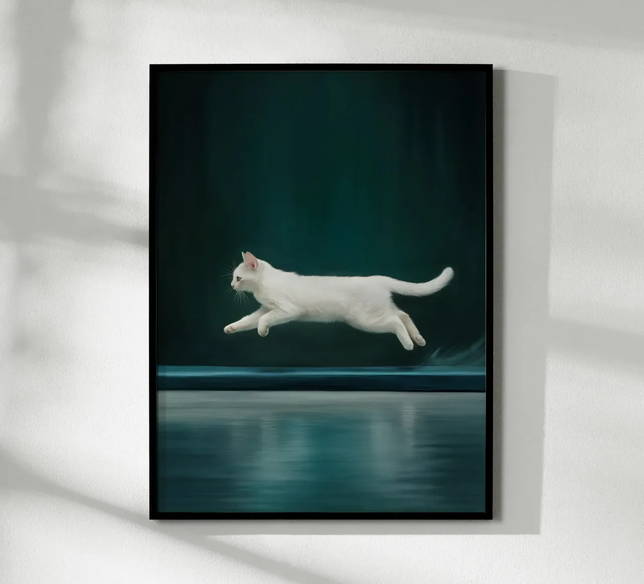 Gatto bianco in silenzio blu poster con telaio in plastica da Plain Thoughts