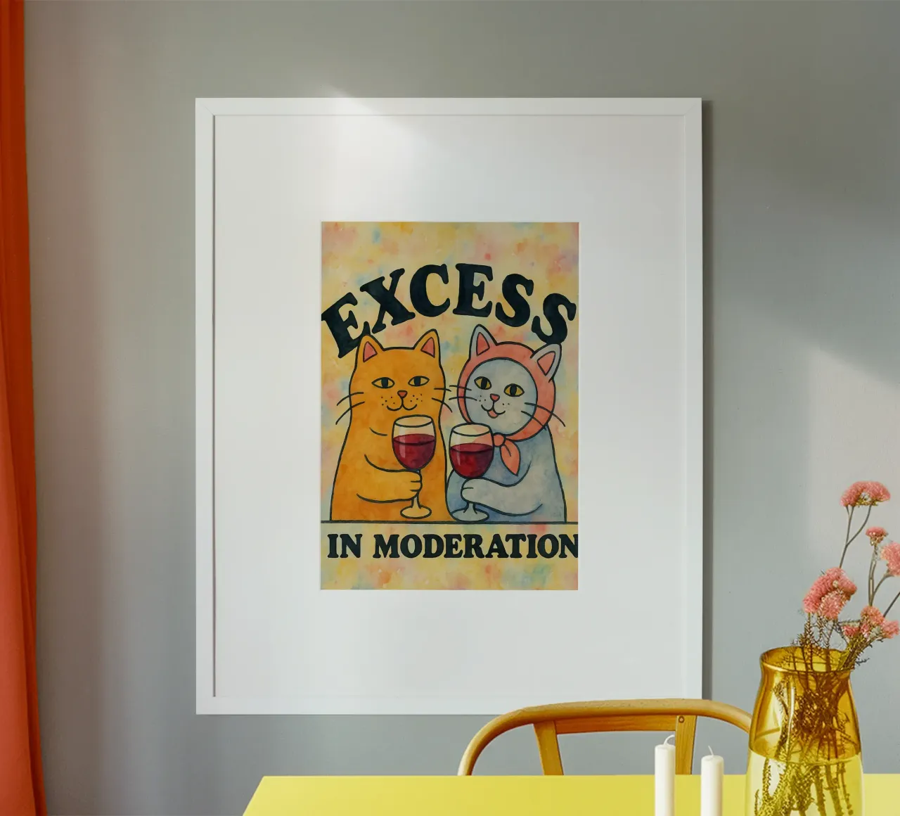 excees in moderation funny cat poster con marco de plástico de kadilans