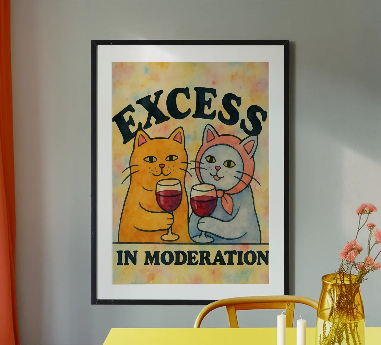 excees in moderation funny cat poster con marco de plástico de kadilans