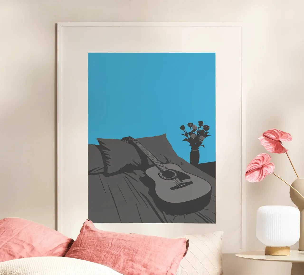 Chitarra sul letto poster con telaio in legno da MUSIC EDITION