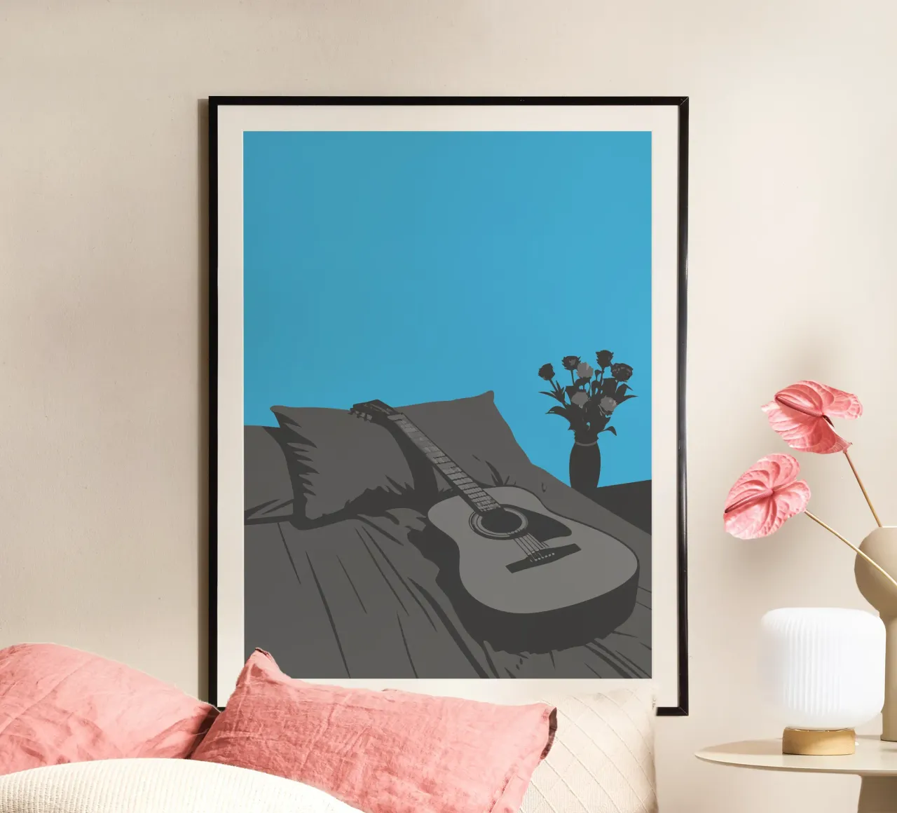 Chitarra sul letto poster con telaio in legno da MUSIC EDITION