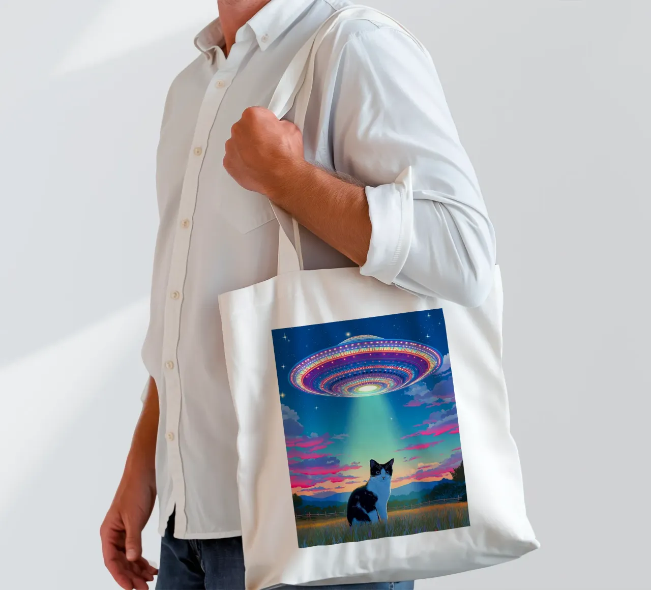 Gatto e astronave UFO borsa in juta da Stellar Creative