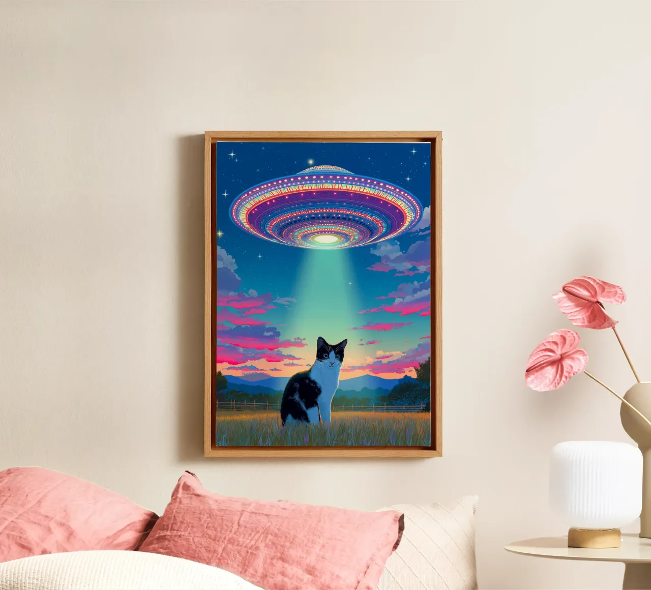 Cat and UFO Spaceship canvas with Floater frame by Stellar Creative