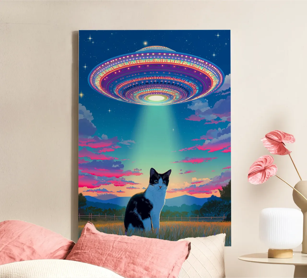 Cat and UFO Spaceship canvas with Floater frame by Stellar Creative