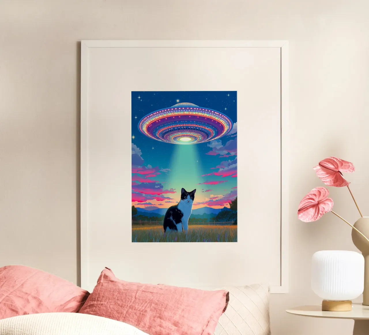 Gatto e astronave UFO poster con telaio in legno da Stellar Creative