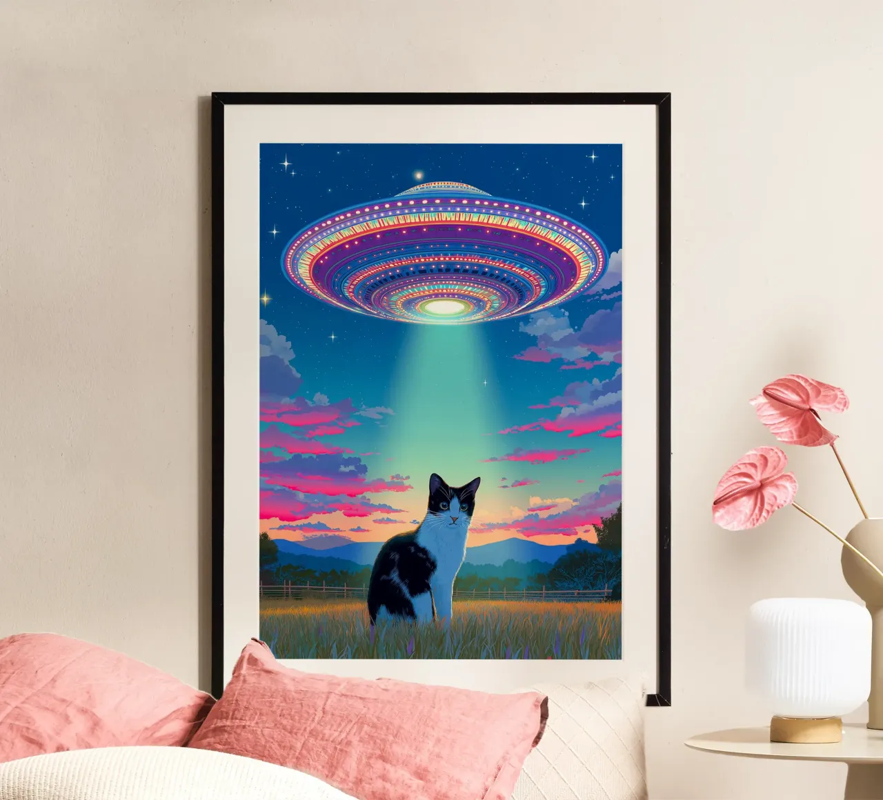 Gatto e astronave UFO poster con telaio in legno da Stellar Creative