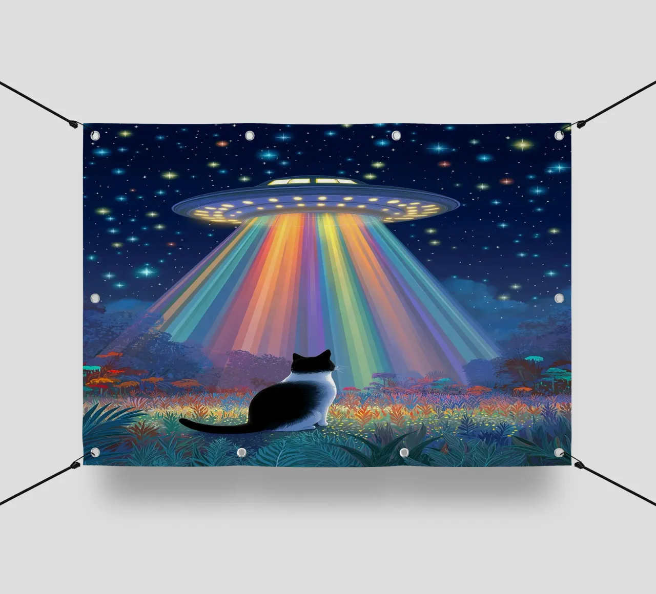 Gatto e UFO nella notte stellata telo in pvc da Stellar Creative
