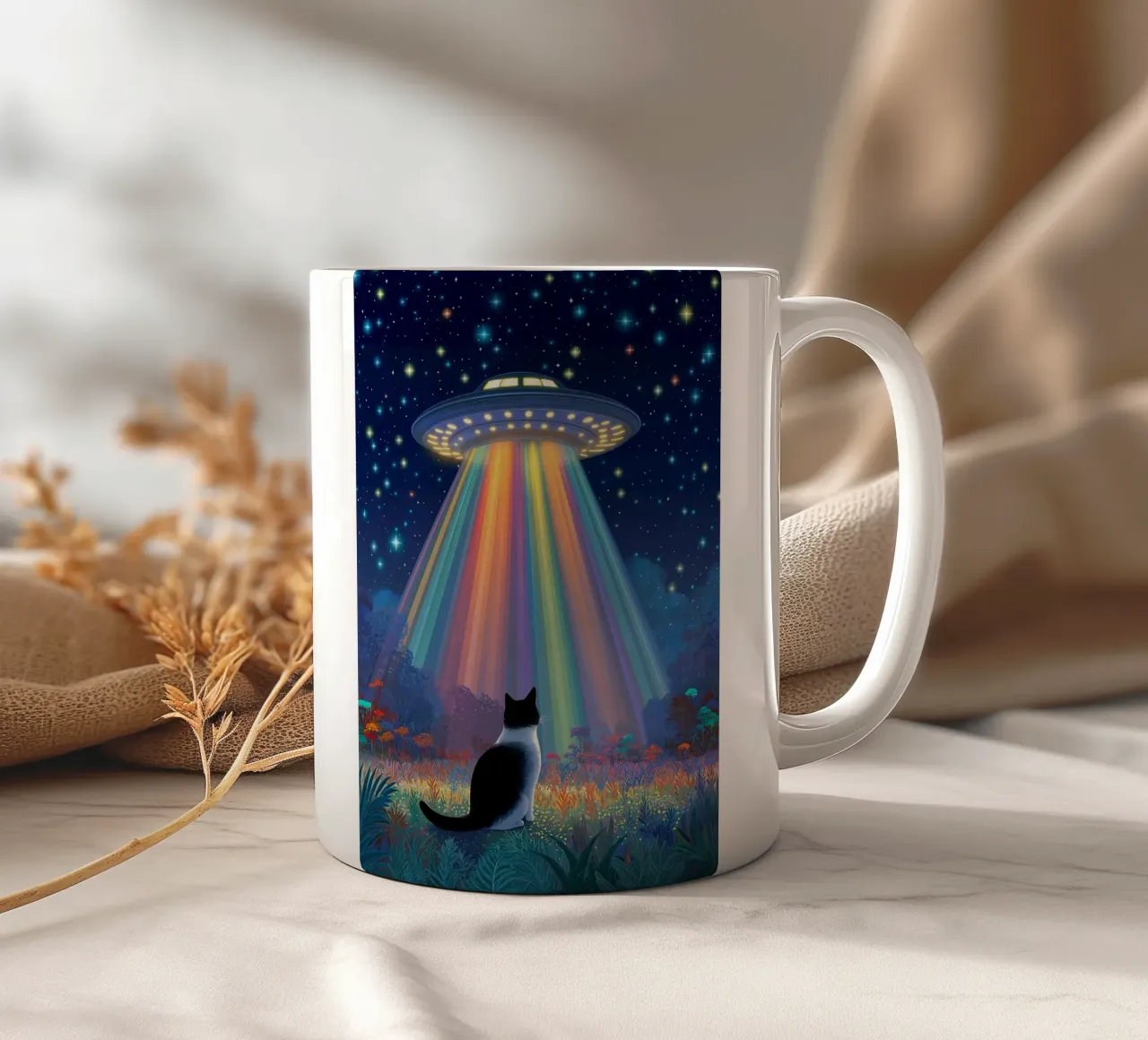 Gatto e UFO nella notte stellata tazza in ceramica da Stellar Creative