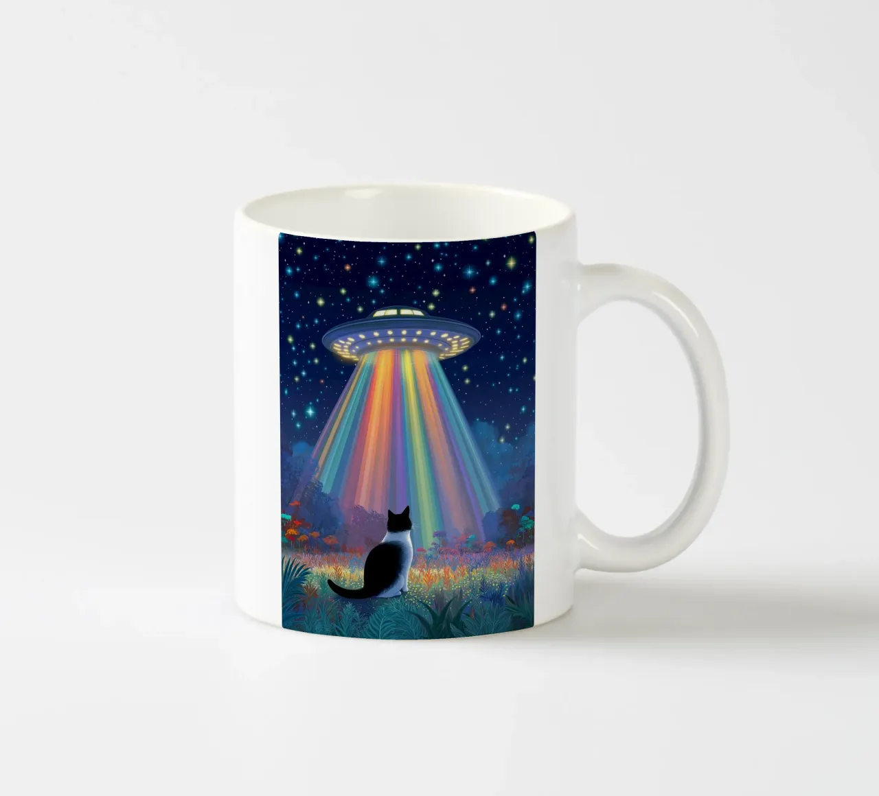 Gatto e UFO nella notte stellata tazza in ceramica da Stellar Creative