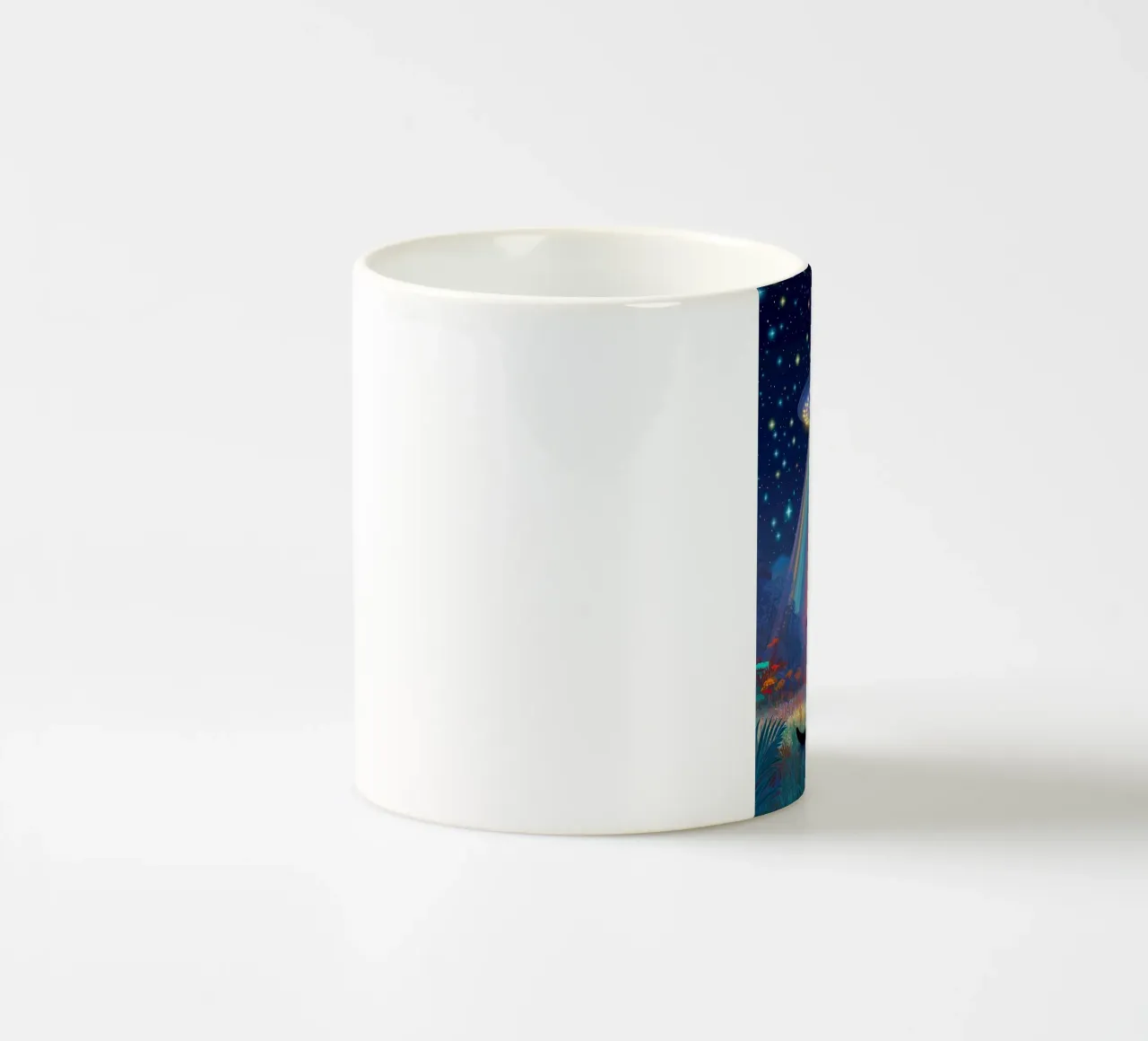 Gatto e UFO nella notte stellata tazza in ceramica da Stellar Creative