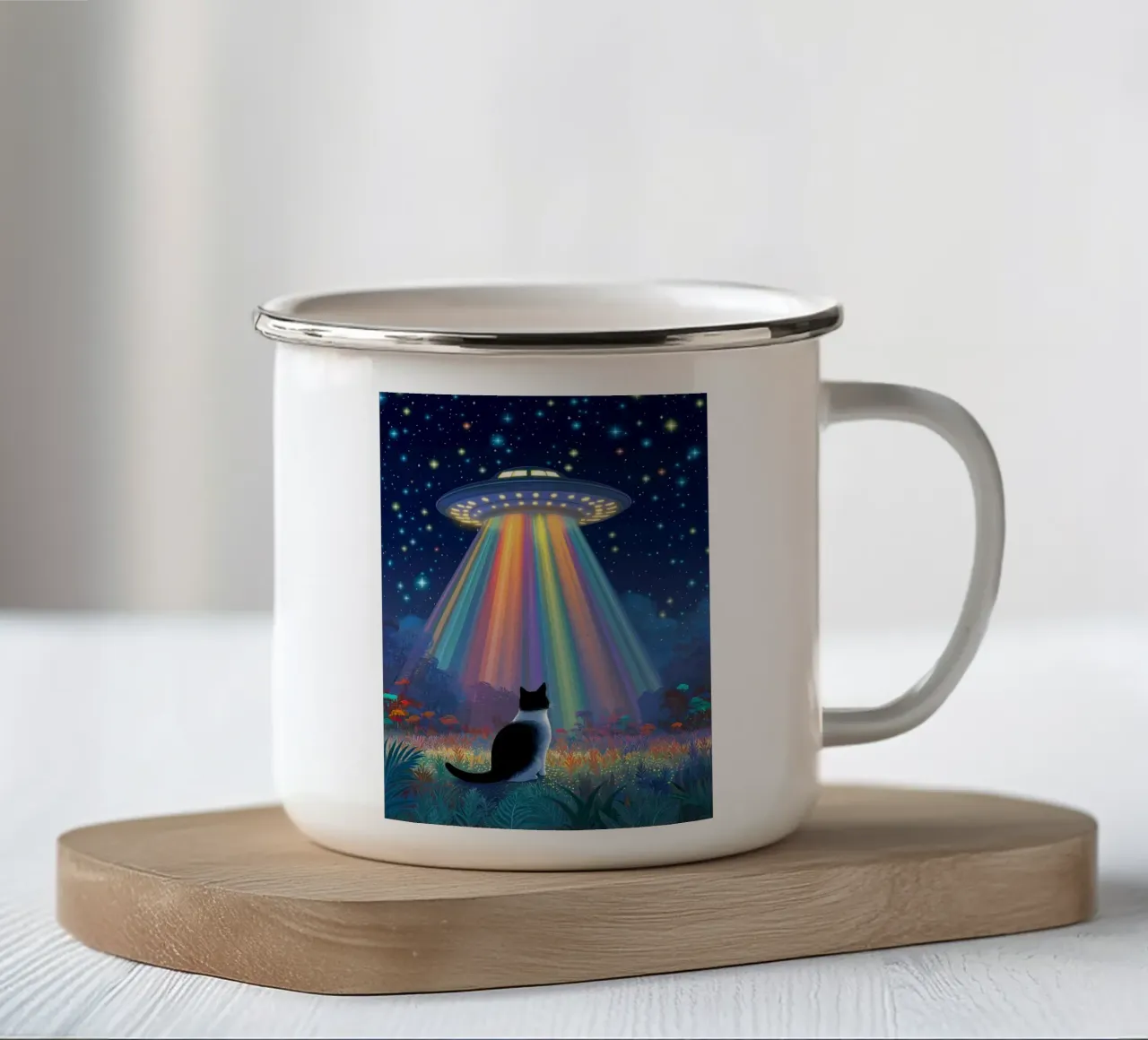 Gatto e UFO nella notte stellata tazza in smalto da Stellar Creative