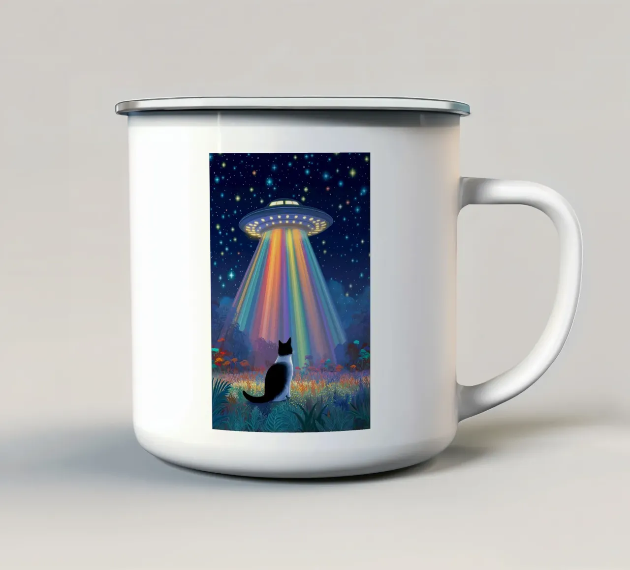 Gatto e UFO nella notte stellata tazza in smalto da Stellar Creative
