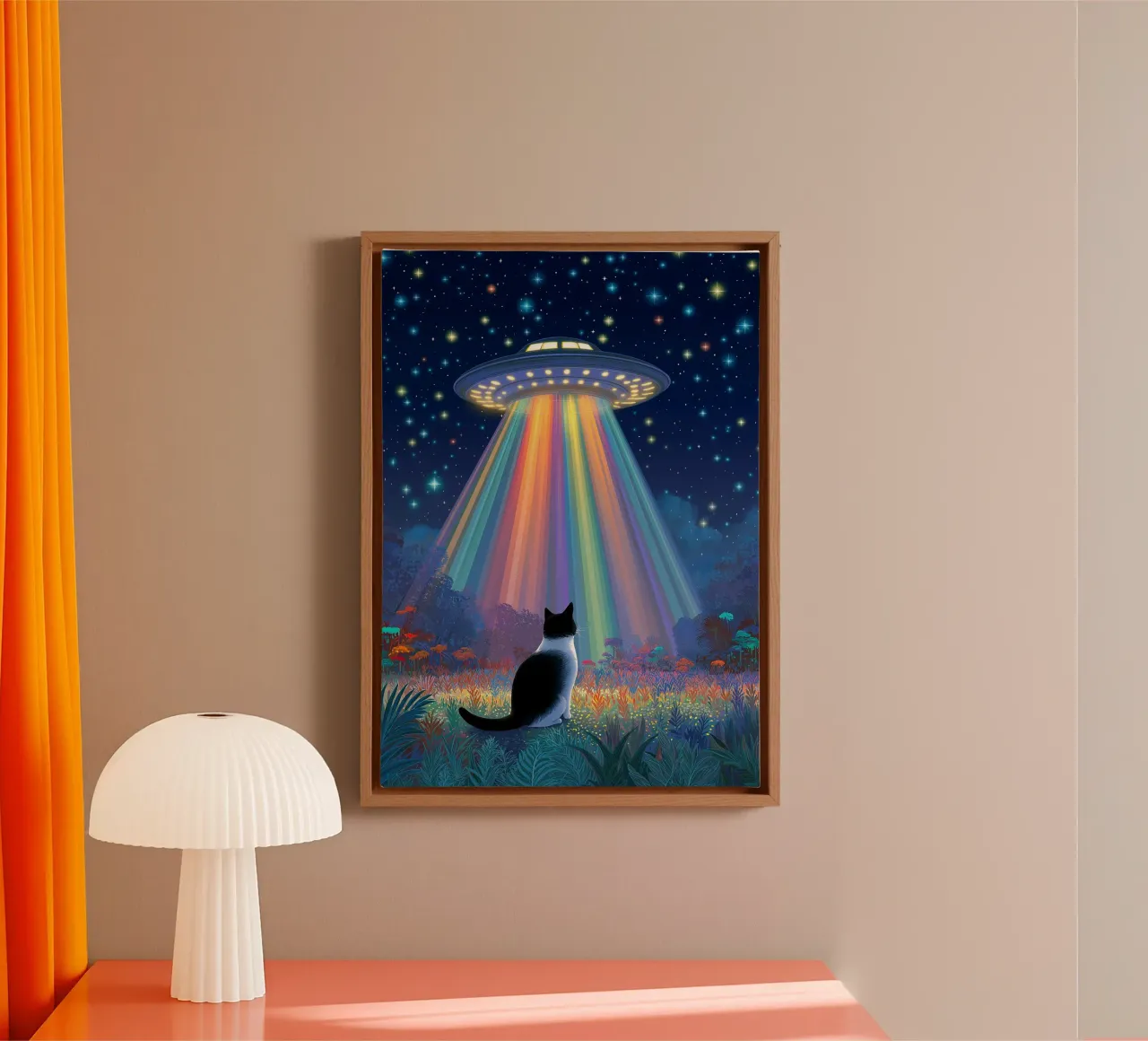Gatto e UFO nella notte stellata tela con Cornice a cassetta da Stellar Creative