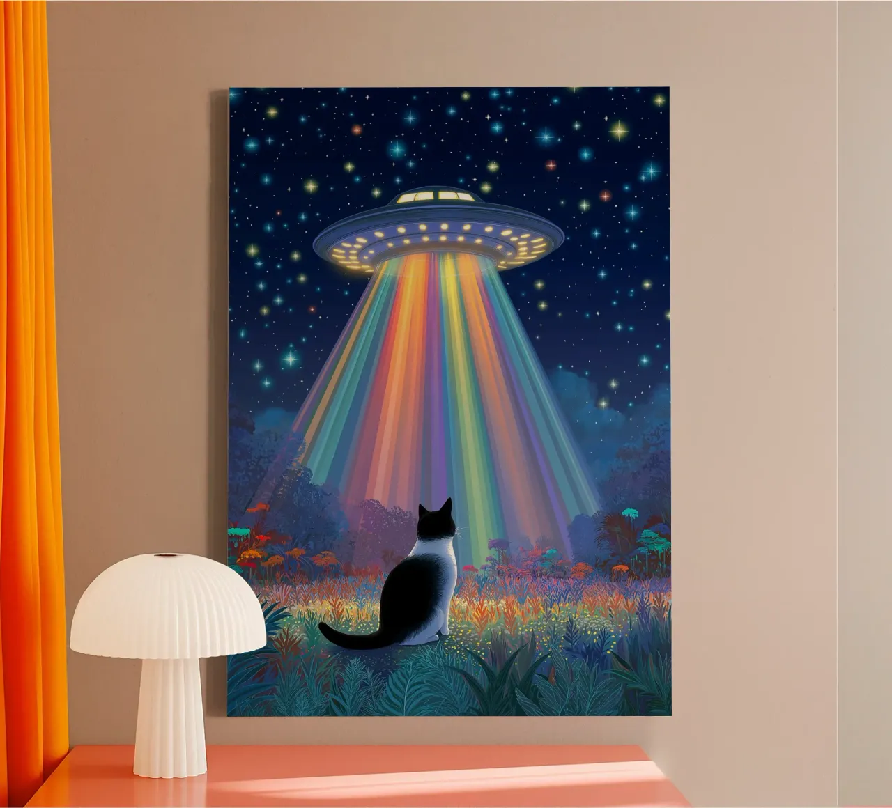 Gatto e UFO nella notte stellata tela con Cornice a cassetta da Stellar Creative