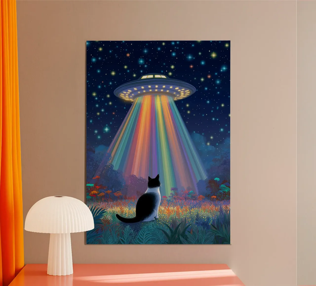 Gatto e UFO nella notte stellata poster con telaio in legno da Stellar Creative