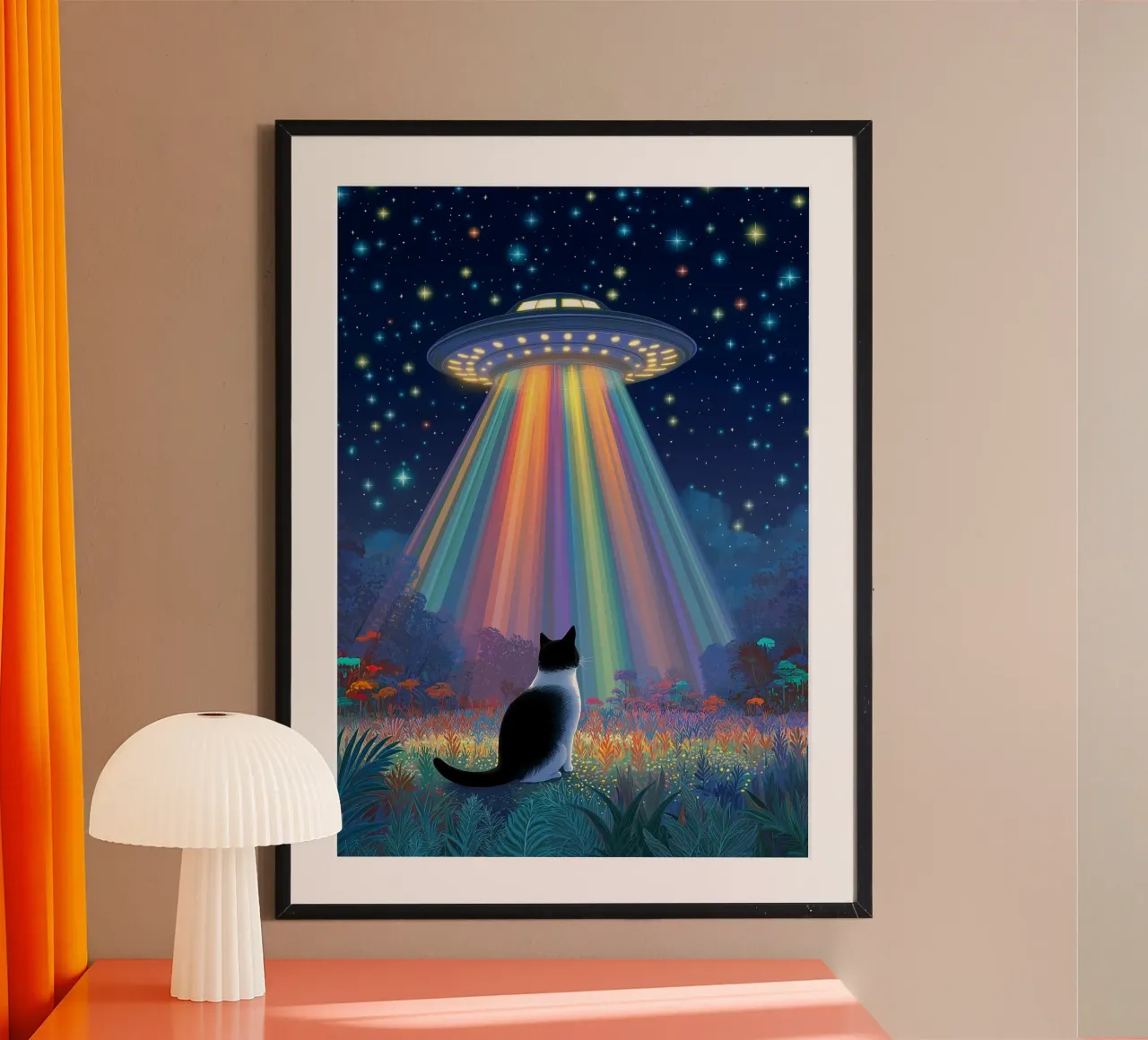 Gatto e UFO nella notte stellata poster con telaio in legno da Stellar Creative