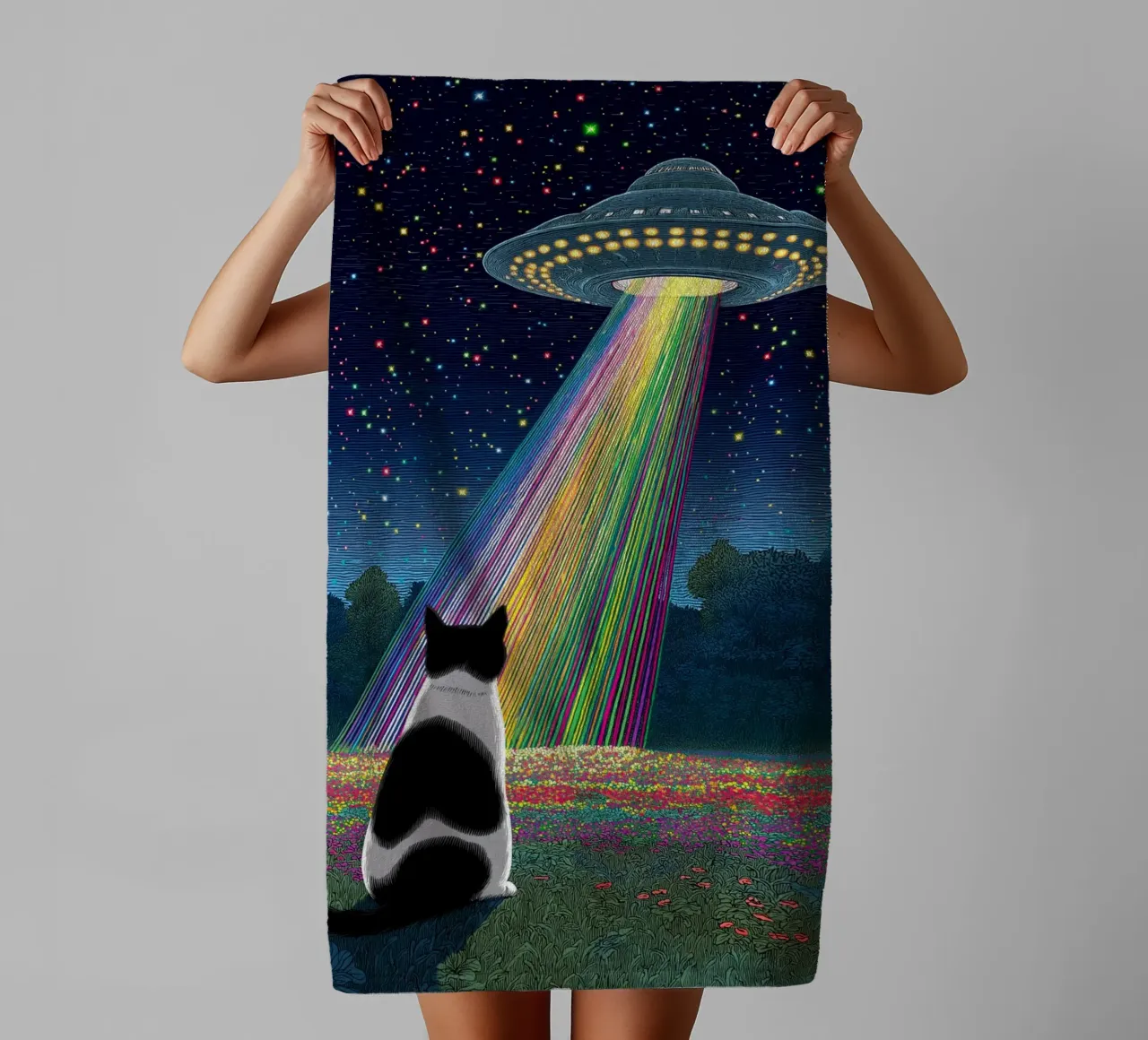 Cat and UFO towel by Stellar Creative