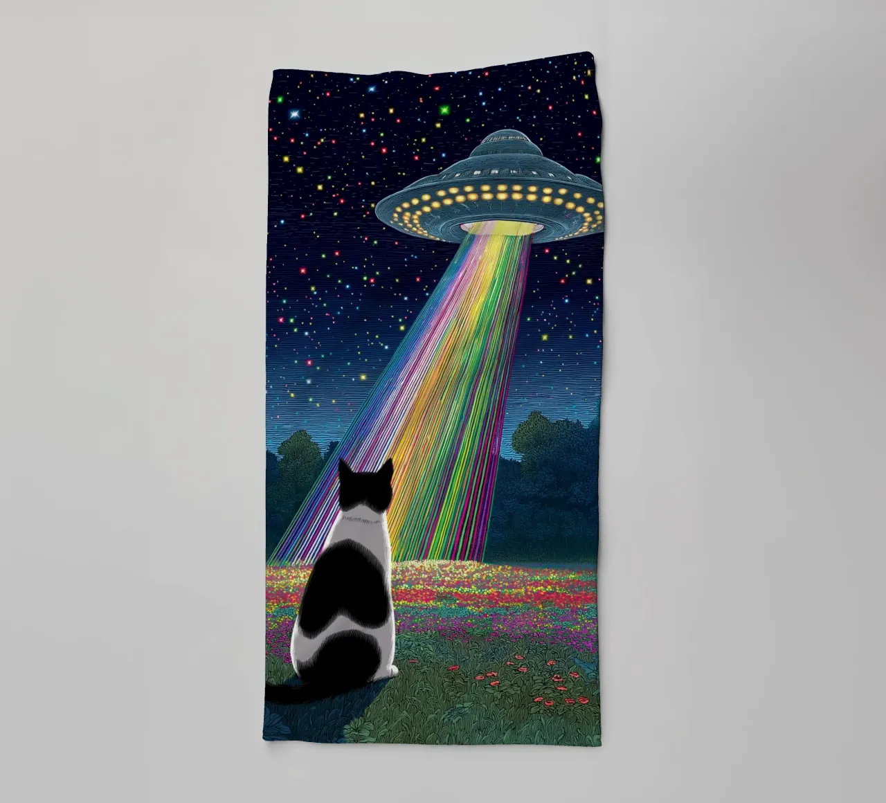 Cat and UFO towel by Stellar Creative