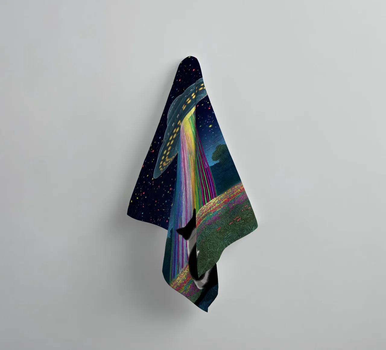 Cat and UFO towel by Stellar Creative