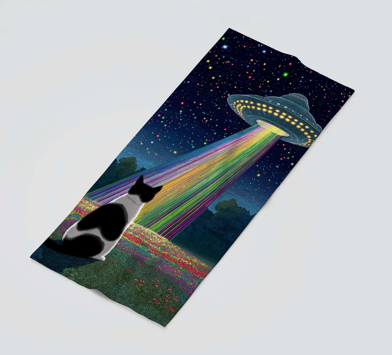 Cat and UFO beach towel by Stellar Creative