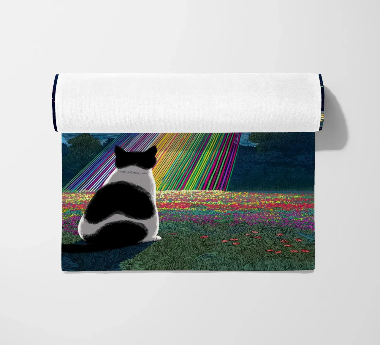 Cat and UFO beach towel by Stellar Creative