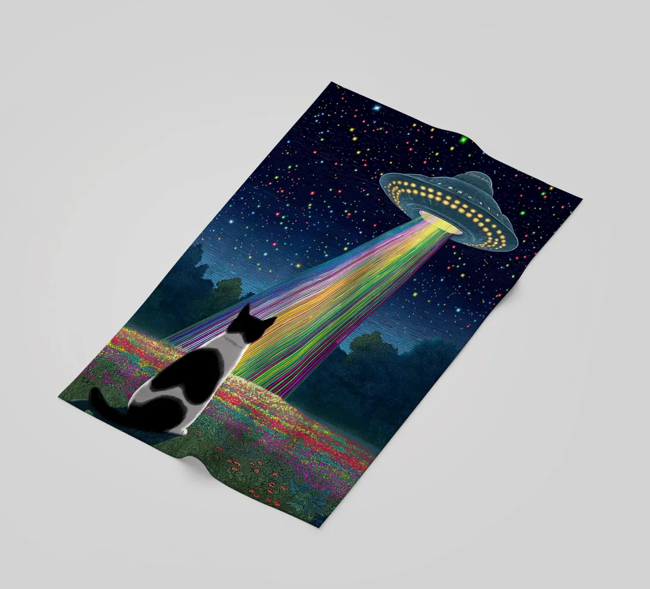 Cat and UFO beach towel by Stellar Creative