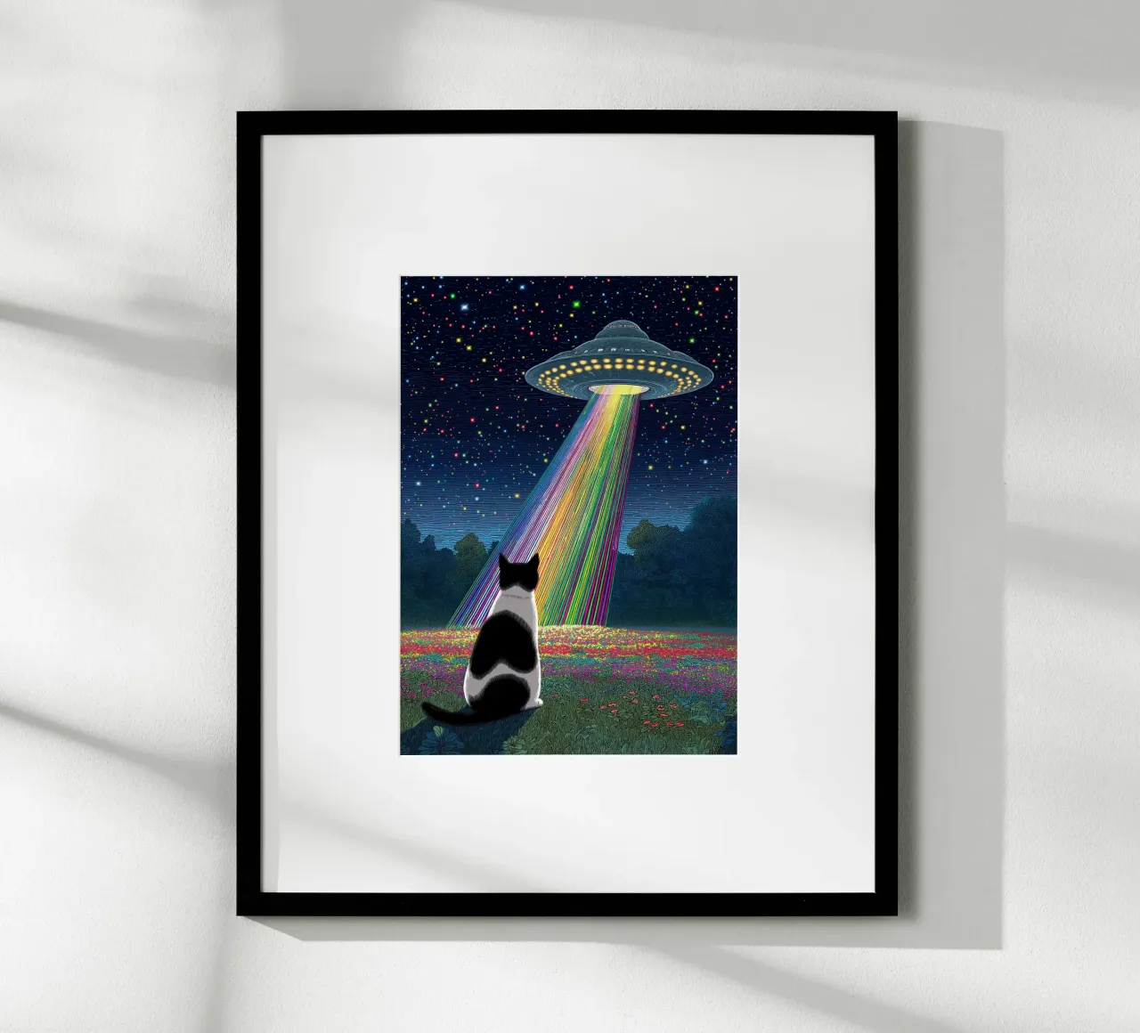 Gatto e UFO poster con telaio in legno da Stellar Creative