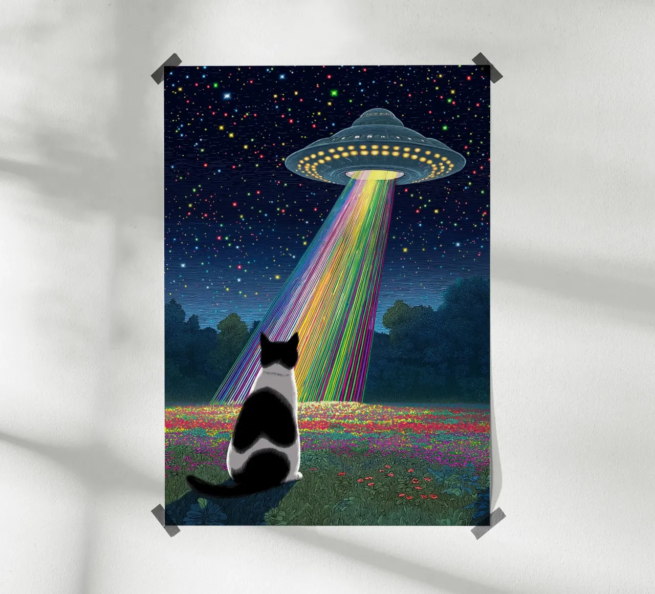 Gatto e UFO poster con telaio in legno da Stellar Creative