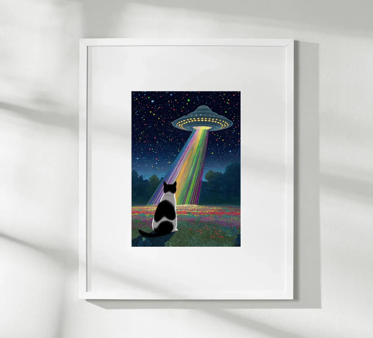 Gatto e UFO poster con telaio in legno da Stellar Creative