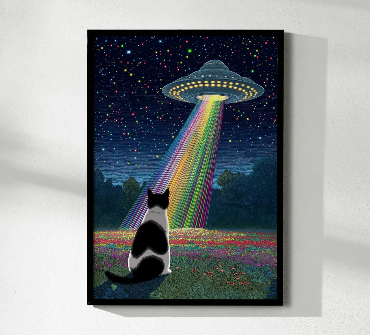 Gatto e UFO poster con telaio in legno da Stellar Creative