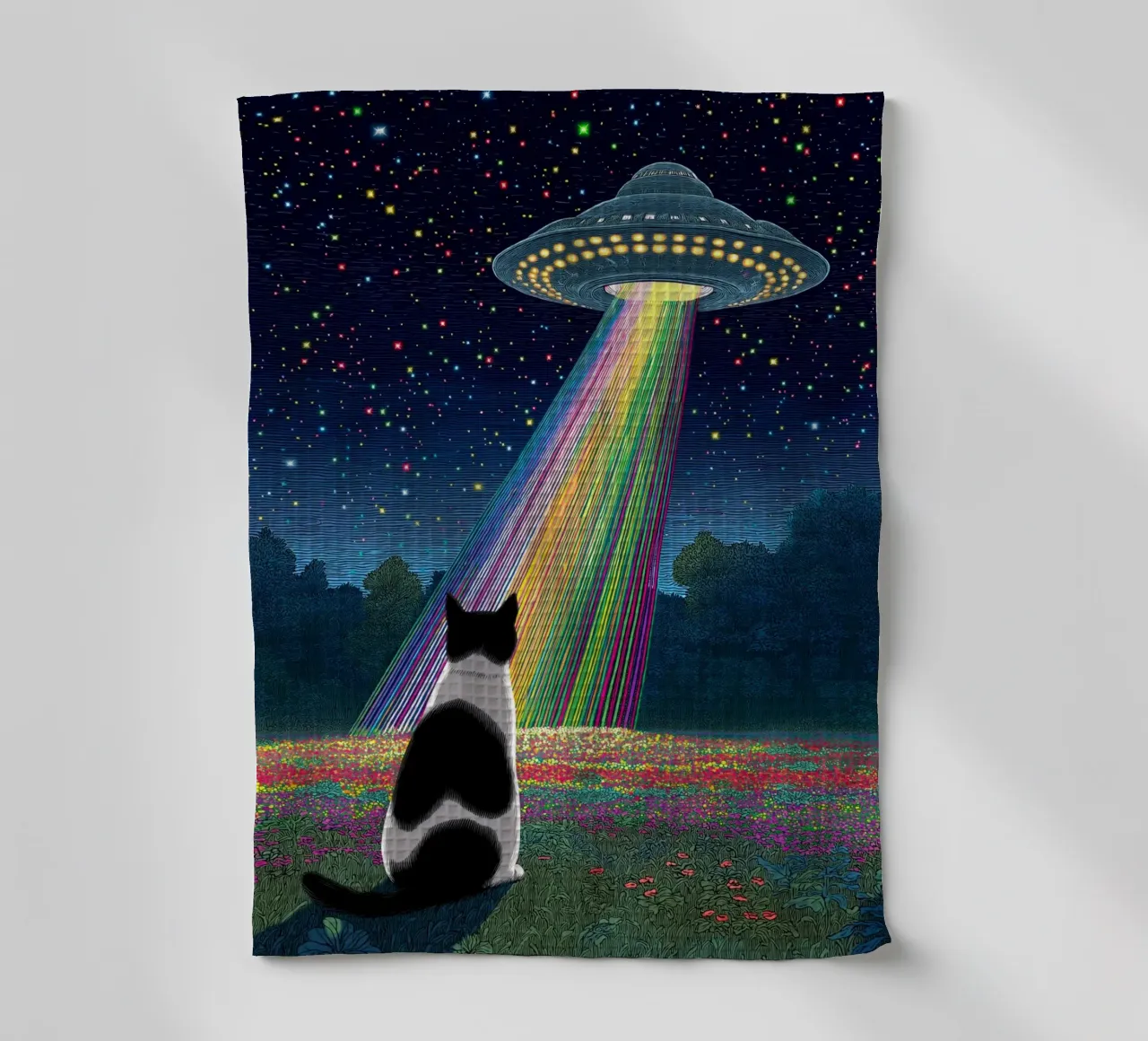 Cat and UFO tea towel by Stellar Creative