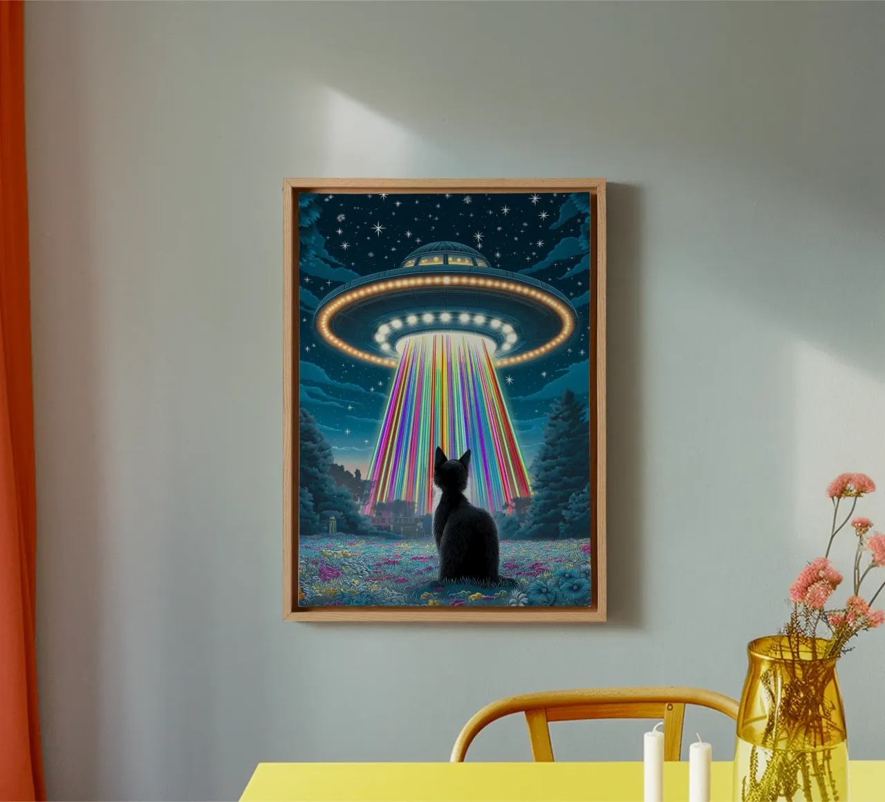 Zwarte Kat en UFO canvas met Baklijst van Stellar Creative