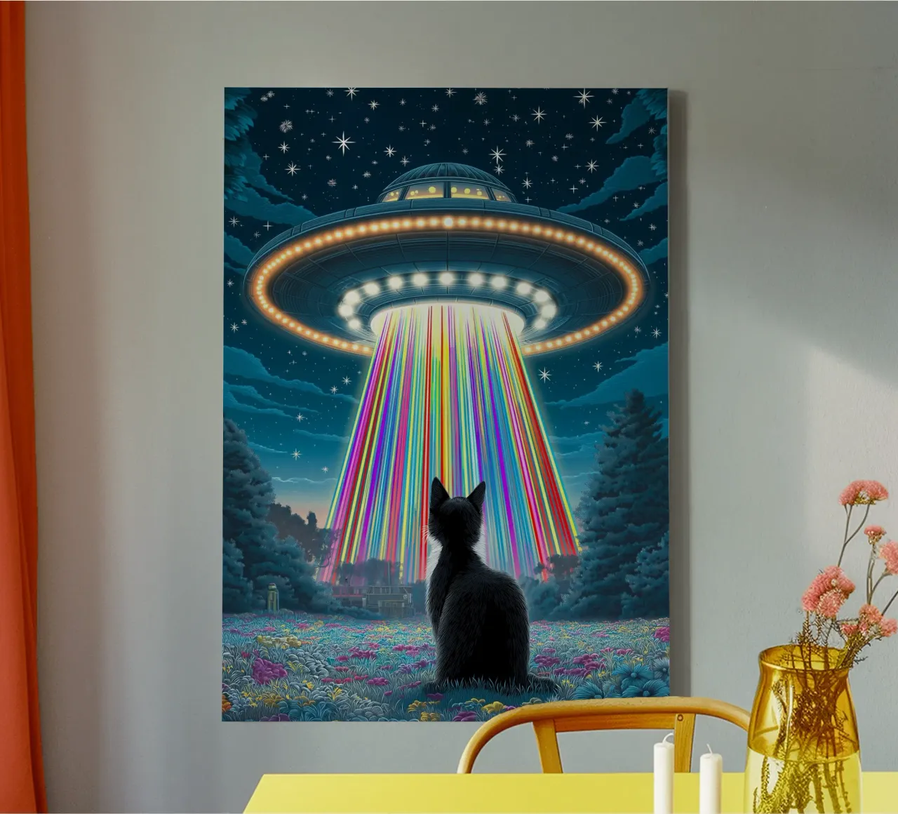 Zwarte Kat en UFO canvas met Baklijst van Stellar Creative