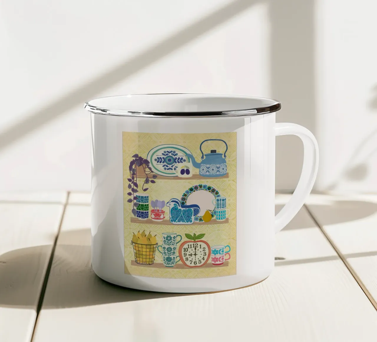 Storia di uno scaffale scandinavo - Ceramica della metà del secolo scorso tazza in smalto da Taika Tori Art