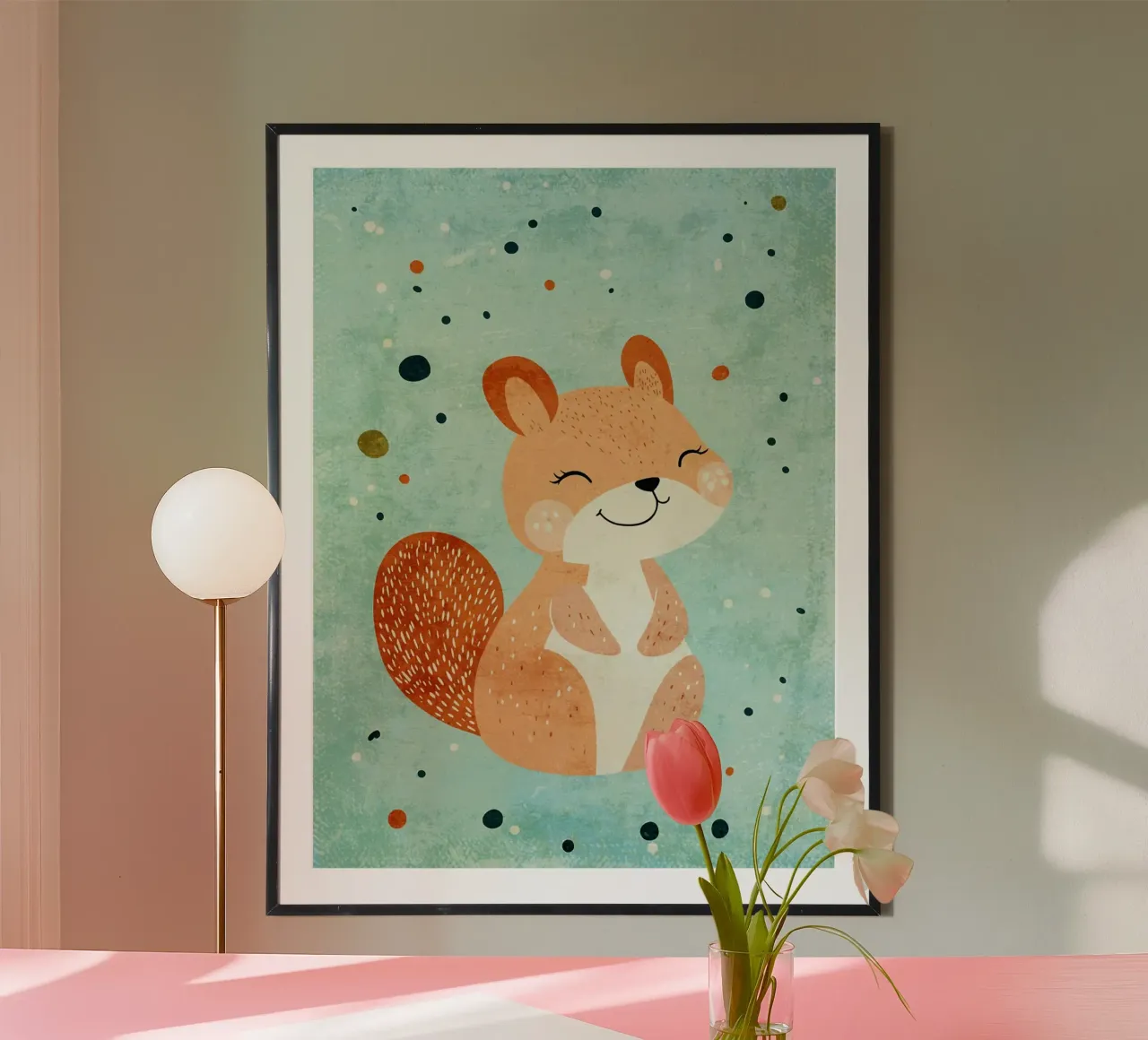 scoiattolo carino animale personaggio dei cartoni animati poster con telaio in plastica da Courtney Ohling