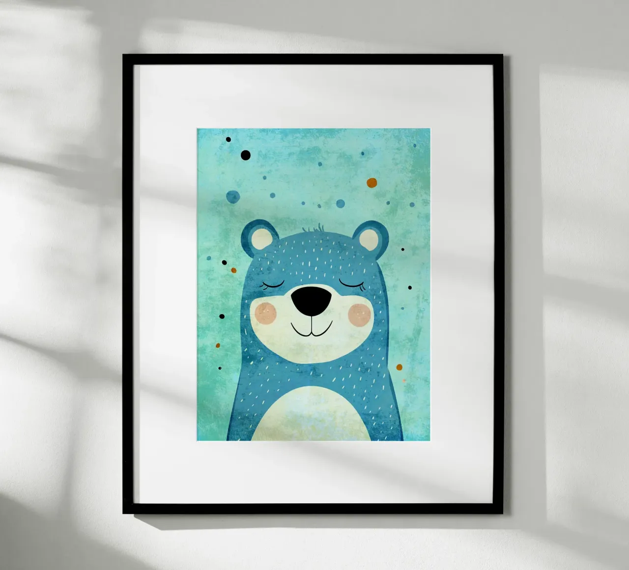 orso che sorride ad occhi chiusi cartone animato poster con telaio in legno da Courtney Ohling