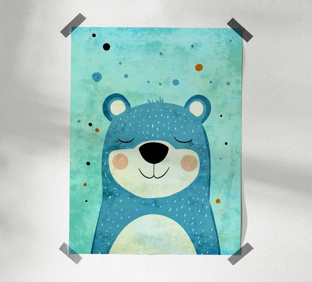 orso che sorride ad occhi chiusi cartone animato poster con telaio in legno da Courtney Ohling
