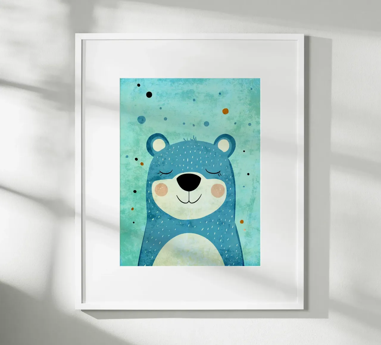 orso che sorride ad occhi chiusi cartone animato poster con telaio in legno da Courtney Ohling