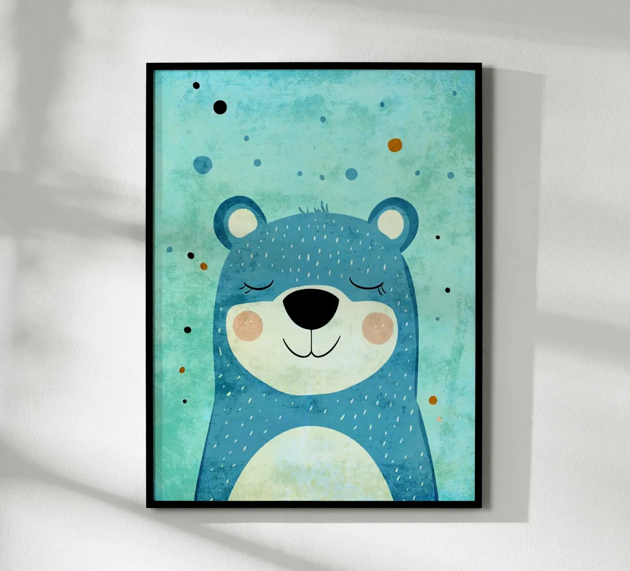orso che sorride ad occhi chiusi cartone animato poster con telaio in legno da Courtney Ohling