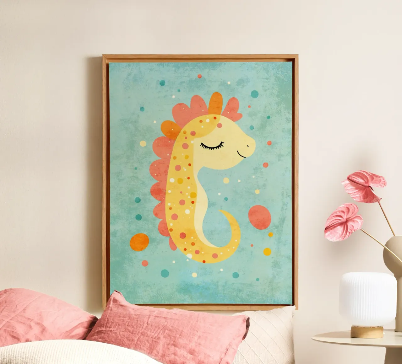 Leuke zeepaardjeillustratie op blauwe achtergrond canvas met Baklijst van Courtney Ohling