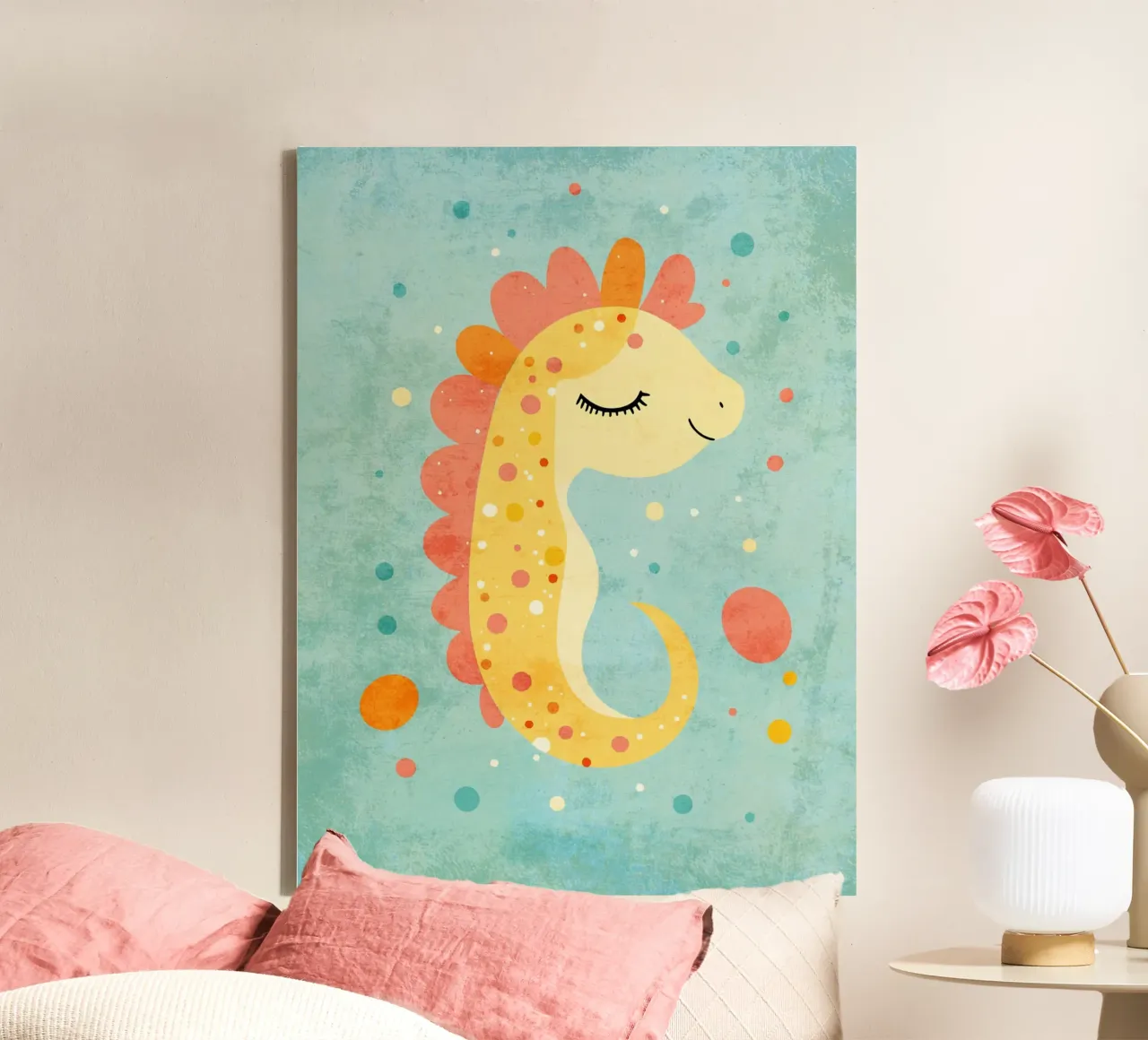 Leuke zeepaardjeillustratie op blauwe achtergrond canvas met Baklijst van Courtney Ohling