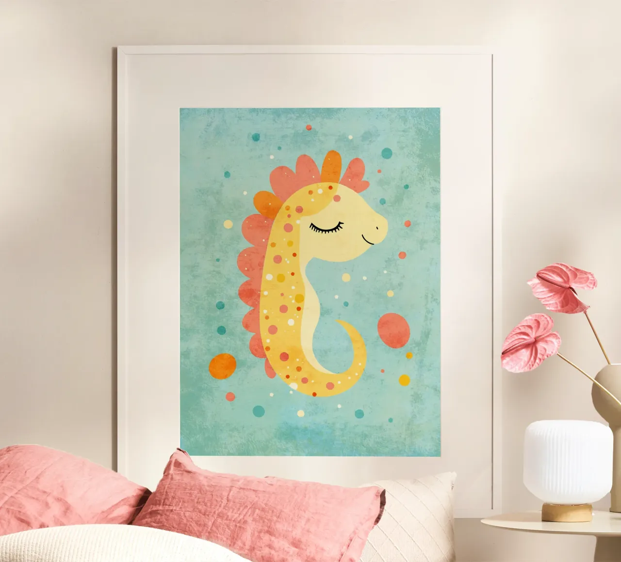 Simpática ilustración de un caballito de mar sobre fondo azul poster con marco de plástico de Courtney Ohling